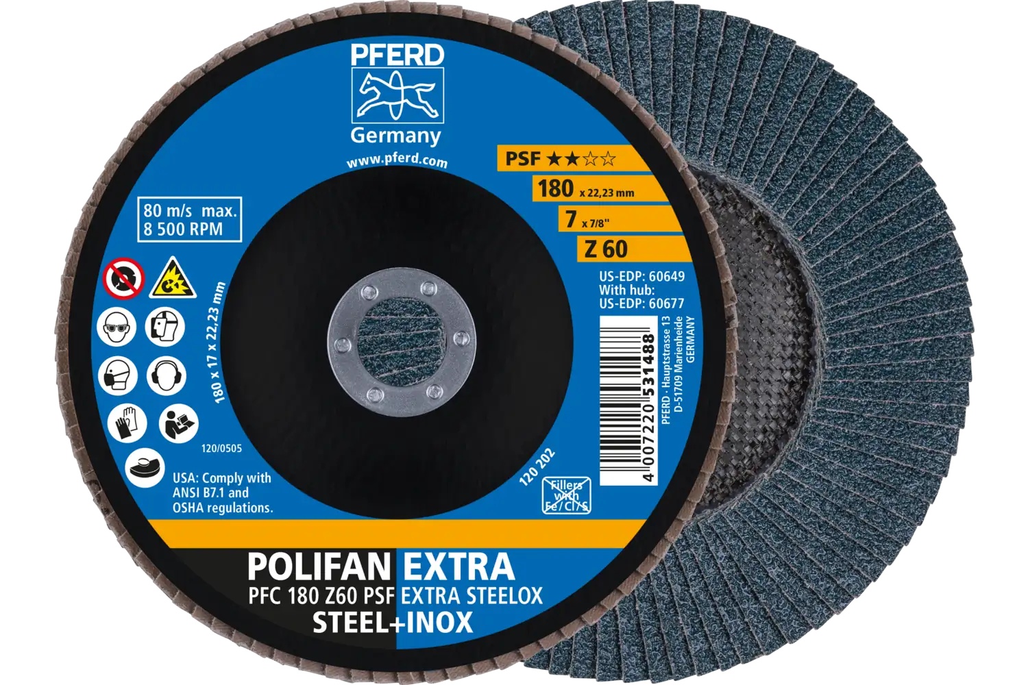 Picture of Pferd Flap Disc, 7" x 7/8, Z PSF Extra Steelox, 60 Grit, T29, Conical, Zirconia